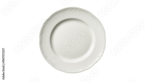 Obraz na plátne Ornate white ceramic dinner plate with embossed floral rim, isolated on transpar