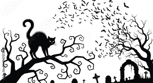 Silhouette of a fearful black cat on a tree branch in a graveyard with bats flying with halloween theme with flat design with all hallows eve