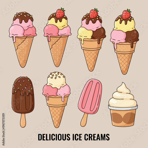  Delicious ice cream cones collection, hand drawn sweet summer dessert illustration, chocolate and fruit gelato cone design, ice cream bar and popsicle icons, dessert shop menu doodle set, frozen trea