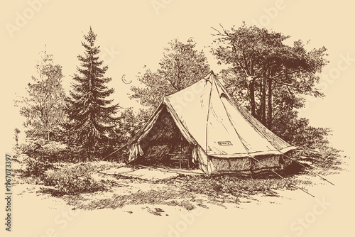 A vector illustration of a canvas camping tent in a forest. A vintage outdoor vector illustration.