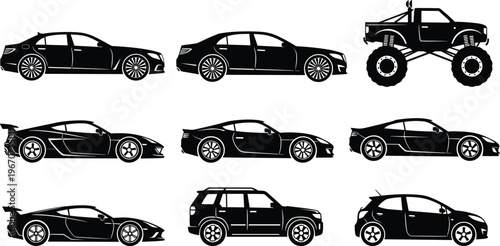 Car silhouettes collection, sports cars, SUV, sedan, monster truck, automotive set, black vector illustration, vehicle icons, transport design