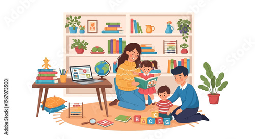 Family Reading Together: Parents Teaching Children in a Cozy Home Library