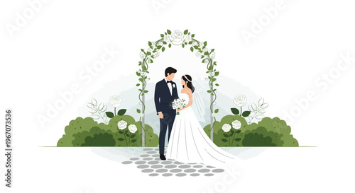 Elegant Wedding Couple Under Floral Archway, Bride and Groom Celebrating Love
