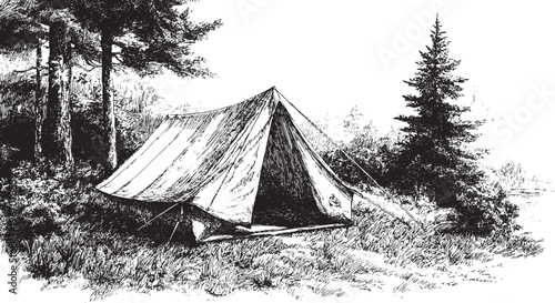 A vector illustration of a canvas camping tent in a forest. A vintage outdoor vector illustration.