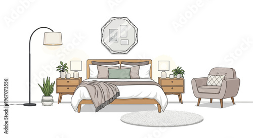 Cozy Bedroom Interior Design with Bed, Armchair, Floor Lamp, and Plants