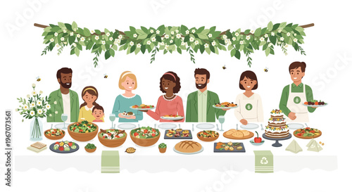Diverse People Enjoying a Festive Outdoor Meal Under Green Garland