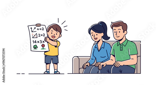 Boy proudly shows math homework to parents on sofa