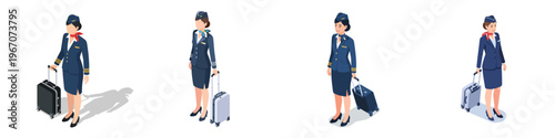 Air hostess in blue uniform: An air hostess in a smart blue uniform and rolling luggage bag in a variety of poses. Awaiting for a passenger or going to duty or traveling and carrying luggage bag.