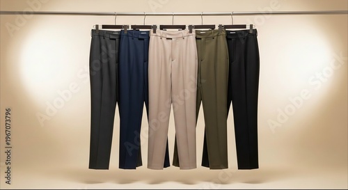 Row of professional formal trousers hanging on clothing rack