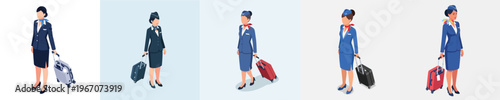 Flight Attendant with Luggage Series: A series of illustrations capturing a flight attendant in a classic uniform, confidently traversing the airport with her luggage, ready for travel. 