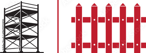 A vector illustration featuring a black silhouette of a multi-level scaffolding tower on the left and a red graphic of a picket-style wooden fence on the right.