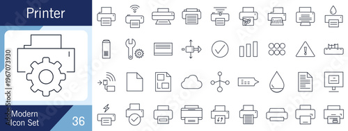 Printer & Printing Technology Line Icon Set – Office Print, Scan, Copy, Ink, Wireless Device Minimal Outline Vector Pack.
