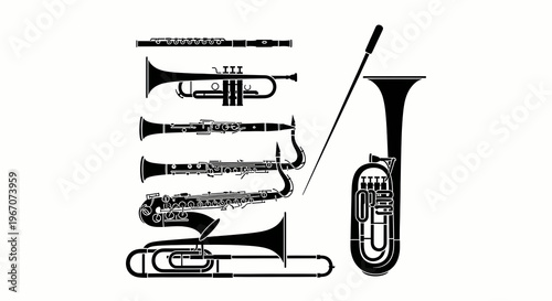 Orchestral Instruments Silhouette Collection: Brass, Woodwind, and Conductor's Baton