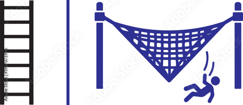 A vector graphic showing a black ladder silhouette on the left and a blue icon on the right illustrating a person falling into a safety net.
