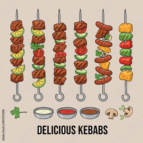 Delicious grilled meat kebab skewers, hand drawn shish kebab bbq illustration, grilled vegetable and meat stick design, mediterranean food and barbecue icons, charcoal grilled appetizer doodle set, re