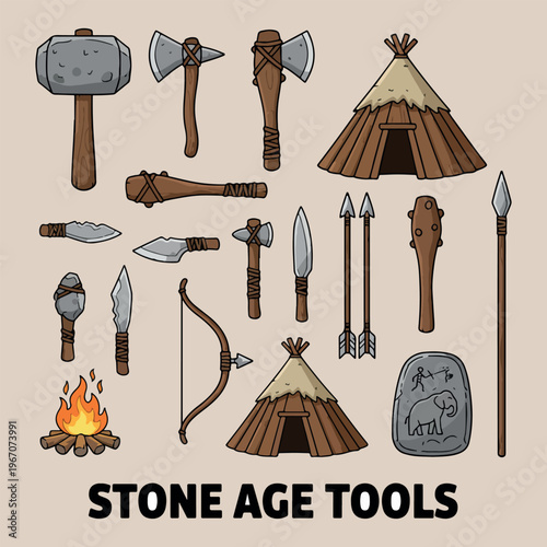 Primitive stone age tools and weapons, hand drawn caveman axe and hammer, prehistoric spear and bone knife design, ancient tribe survival equipment icons, stone age fire and tent doodle, history and a