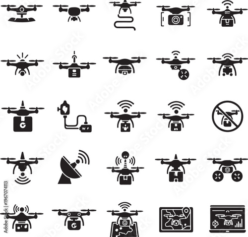Set of 25 Minimalist Black Silhouette Drone Icons for Autonomous Navigation and Smart Aerial Monitoring Vector Illustration Isolated on White Background