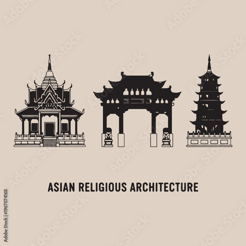 Traditional asian religious architecture set, hand drawn pagoda and temple illustration, oriental landmark and shrine design, historic chinese architecture icons, spiritual monastery building doodle, 