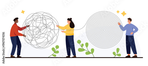 People working together to untangle a messy situation and create order, symbolizing teamwork, problem solving, and support in business or personal growth isolated on white background vector