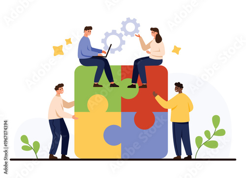 Business people connecting colorful puzzle pieces symbolizing teamwork, cooperation, and problem solving for project success and group achievement isolated on white background vector illustration