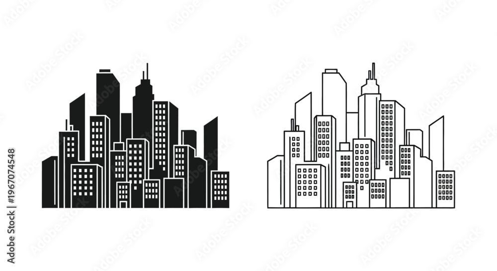 Obraz premium a black and white city skyline with tall buildings Vector