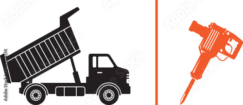 A vector graphic featuring a black silhouette of a dump truck with its bed raised on the left, and an orange silhouette of a handheld jackhammer on the right.