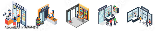 Foto Retail store illustrations : A vivid isometric illustration showcasing diverse retail stores, emphasizing a variety of establishments and the lively interaction of customers with the stores