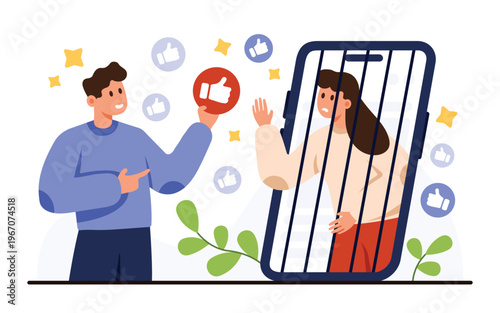 Man offering like symbol to woman trapped behind smartphone bars representing social media and phone addiction, digital dependency, mental health, modern technology vector illustration