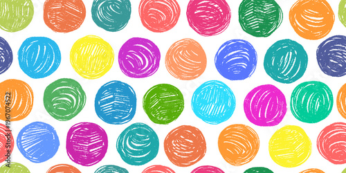 Hand drawn seamless bright pattern with irregular circles and color spots. Perfect for baby textiles, wrapping paper, happy childish fabric design, birthday wallpaper, playful decorative print