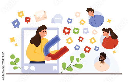 Woman holding magnet attracting followers and engagement icons from social media platform, representing influencer marketing, audience growth, and digital promotion vector illustration