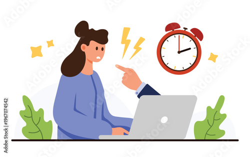 Female office worker feeling stressed by deadline pressure and boss criticism at workplace concept for burnout anxiety, mental health business stress isolated on white background vector illustration