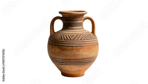 Photos Ancient terracotta amphora with geometric patterns, isolated on transparent back