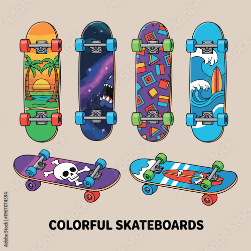 Modern colorful skateboards collection set, hand drawn street skating board illustration, artistic deck patterns and graphics design, extreme sports and hobby equipment icons, skate park culture and l