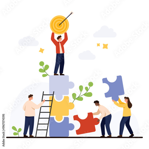 Business people collaborating to solve puzzle pieces and reach a target symbolizing teamwork, goal achievement, and strategic planning isolated on white background vector illustration
