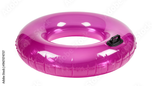 Translucent pink inflatable swimming tube with black handles, isolated on transparent background