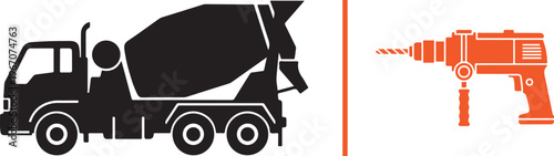 A vector illustration featuring a black silhouette of a concrete mixer truck on the left and an orange silhouette of a power drill on the right.