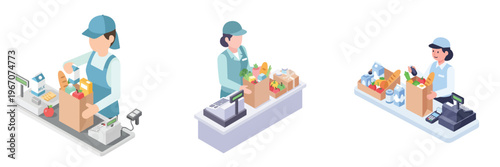 Grocery store checkout: A shop assistant in a grocery store scans groceries. Capturing the process of buying and selling of goods.