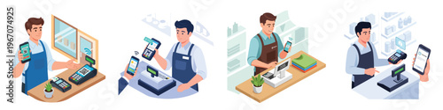 Smart Payment System: A series of illustrations show a cashier using a modern payment system, showcasing the seamless process of contactless transactions for customer convenience.