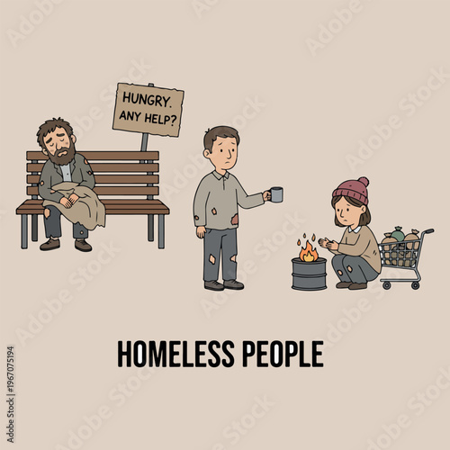 Homeless people and social issue collection, hand drawn poverty and struggle illustration, street life and charity awareness design, beggar on bench and hungry person, social welfare and community hel