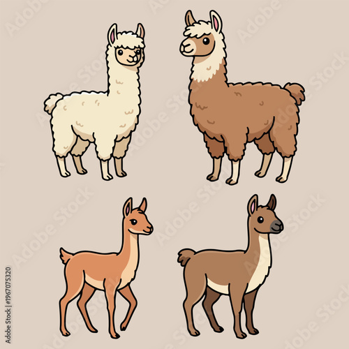 Cute llama and alpaca family set, hand drawn fluffy andes animal illustration, south american wildlife character design, mother and baby llama doodle collection, friendly domestic farm animal icons, d