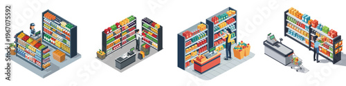 Grocery Store Isometric View: An isometric illustration captures the organized chaos of a bustling grocery store.