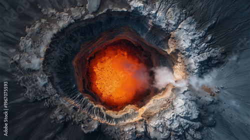 Aerial view of a volcanic crater with a dark blue lake at its center, showcasing rugged terrain and geological formations.