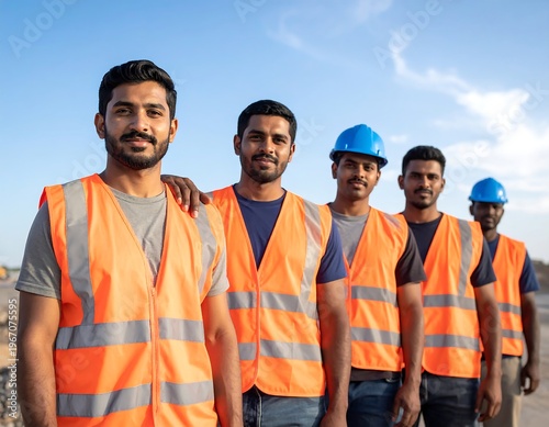 A group of five construction workers, posing outdoors in daylight. They wear safety vests and hard hats, looking directly at the viewer