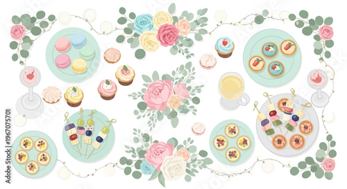 Elegant Wedding Party Table Setting with Flowers, Pastries, and Drinks