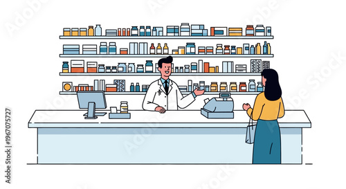 Pharmacist Serving Customer at Counter with Shelves Full of Medications