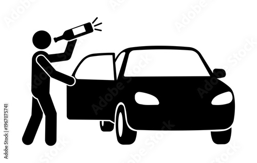 Drunk driving concept stickman opening car door while drinking alcohol bottle silhouette vector.