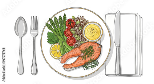 Healthy Salmon Steak Dinner with Asparagus, Quinoa, and Cherry Tomatoes