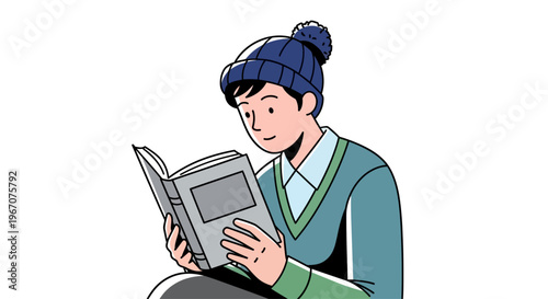Young man in winter hat reading a book, enjoying leisure time and education