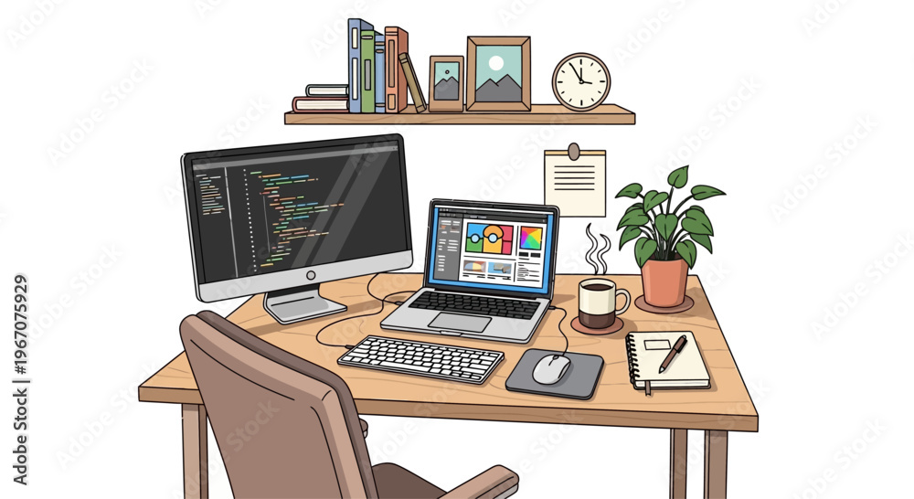 Fototapeta premium Cozy Home Office Desk Setup with Laptop, Computer, Books and Plant