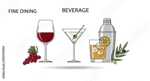 Fine Dining Beverage: Wine, Martini, Cocktail with Garnish and Grapes